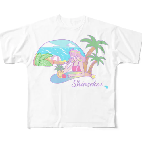 新世界の夏　昭和コミック風デザイン フルグラフィックTシャツ