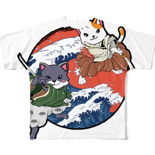 Cute Cat Ninja Shinobi Samurai with Swords フルグラフィックTシャツ