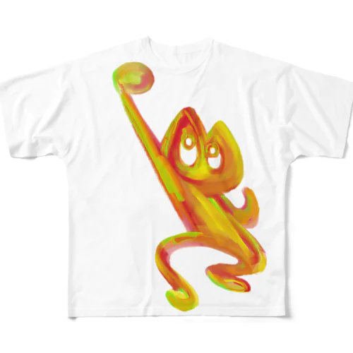 ダンスねこ　オレンジ フルグラフィックTシャツ