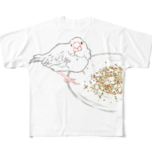 もぐもぐ文鳥さん 線画 All-Over Print T-Shirt