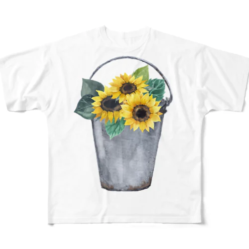 Watering bucket and sunflowers  じょうろ と ひまわり フルグラフィックTシャツ