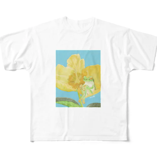 アマガエルと金糸梅 All-Over Print T-Shirt