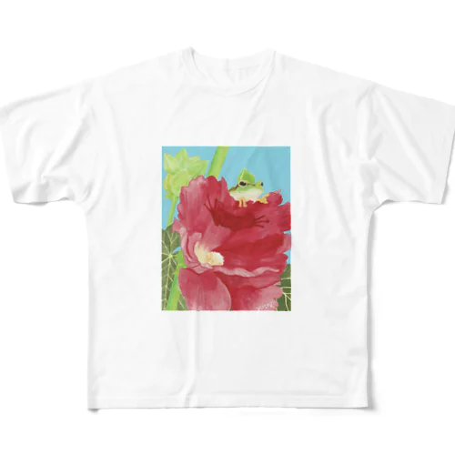 アマガエルと立葵 フルグラフィックTシャツ