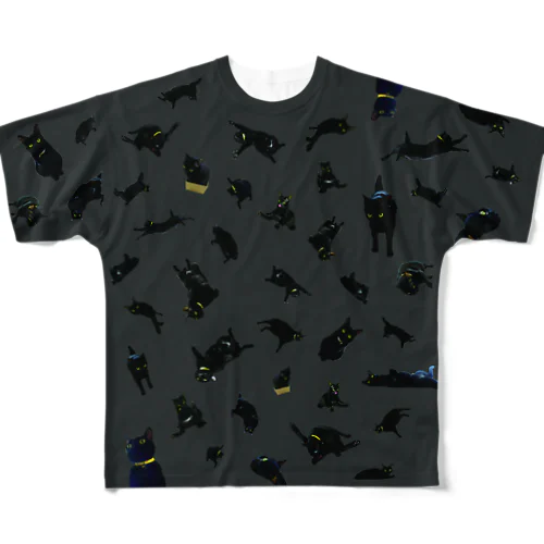 黒猫がいっぱい フルグラフィックTシャツ