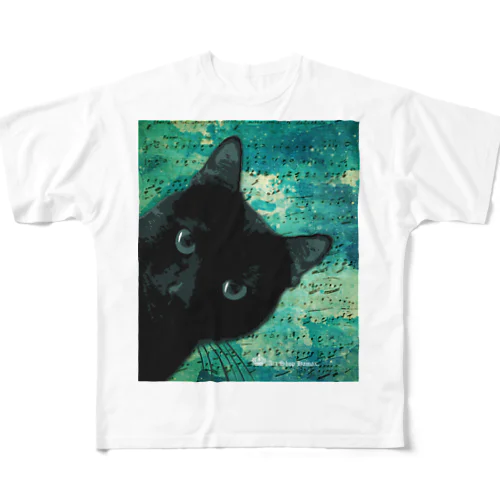 黒猫デュー　アップ フルグラフィックTシャツ