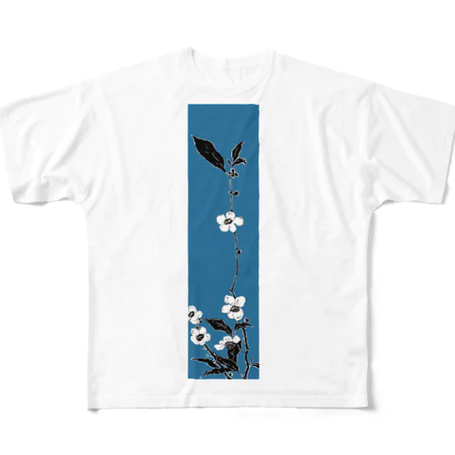 和風柄　白と黒　花模様　(青) フルグラフィックTシャツ