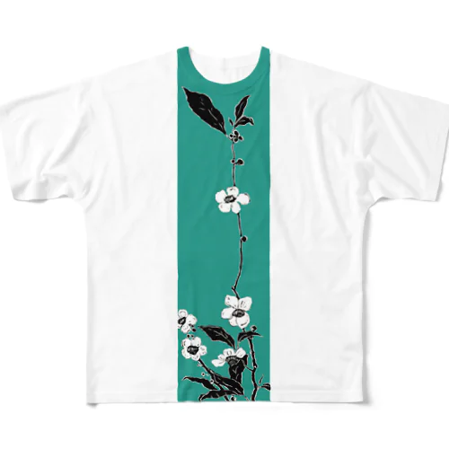 和風柄　白と黒　花模様　(浅葱色 あさぎいろに近い) フルグラフィックTシャツ