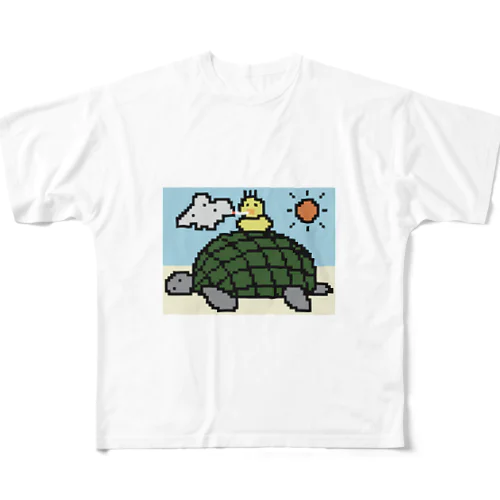 亀に乗る鳥 フルグラフィックTシャツ
