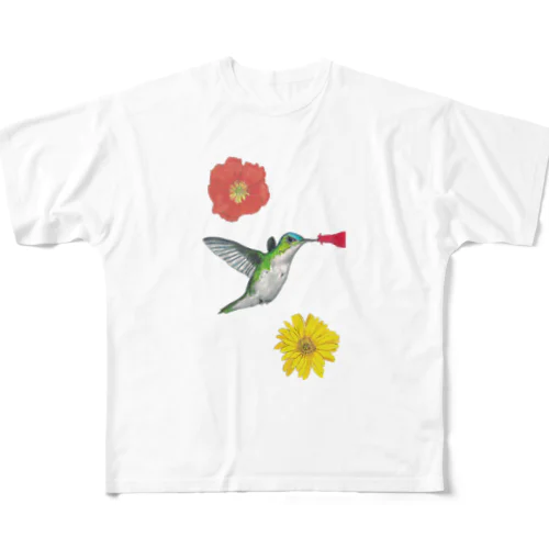 [森図鑑] ハチドリと花 フルグラフィックTシャツ