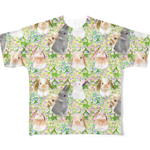 パンジーのお花畑とかわいいうさぎたちのシームレスパターンイラスト All-Over Print T-Shirt