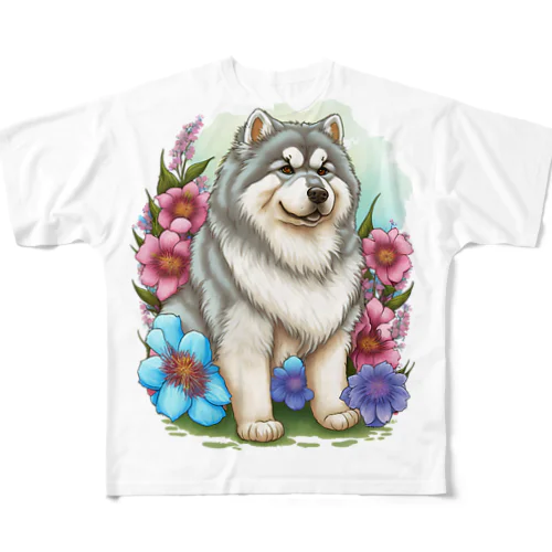 花アラスカの子犬。 愛犬家のためのキュートなデザイン。 フルグラフィックTシャツ