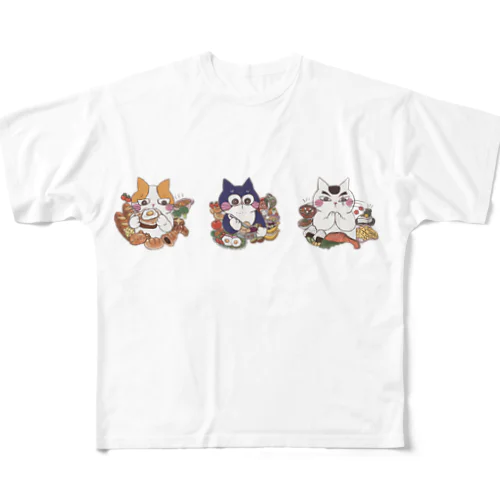 朝ごはんを食べる猫 フルグラフィックTシャツ