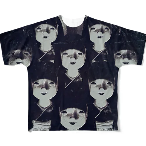 白黒の不気味な市松人形の大群 All-Over Print T-Shirt