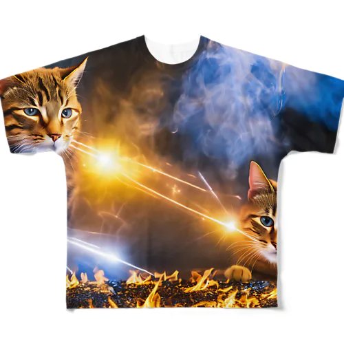 ネコとネコがレーザービーム合戦　 フルグラフィックTシャツ