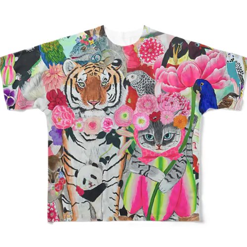 ねこと花のお庭 All-Over Print T-Shirt