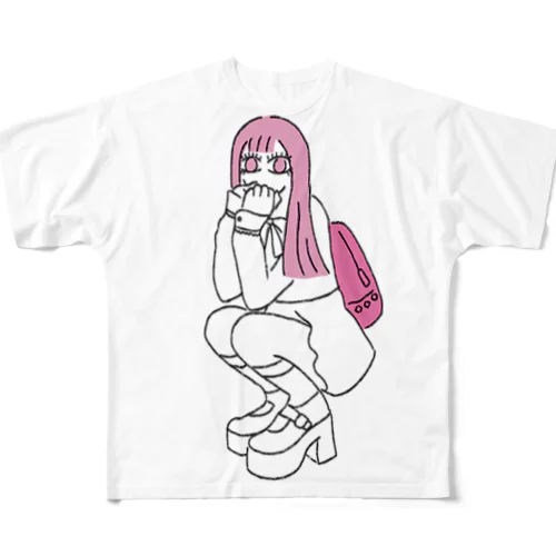 ぴえんな女の子座りピンク フルグラフィックTシャツ