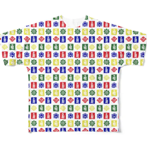 チベット文様（グリッド柄 / タルチョー5色） フルグラフィックTシャツ