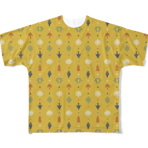 チベットの八吉祥（パターン / 黄色） フルグラフィックTシャツ