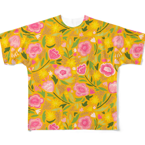 エキゾチックな花柄（黄色／小） フルグラフィックTシャツ
