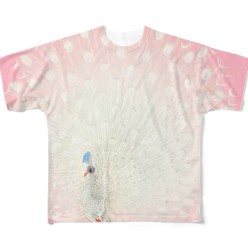 白い孔雀　小原古邨作品アレンジ　ピンク All-Over Print T-Shirt