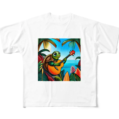 ウクレレを弾くウミガメ All-Over Print T-Shirt