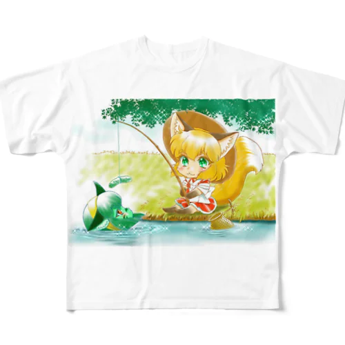 釣り吉お稲荷ちゃんと河童の河姫ちゃん All-Over Print T-Shirt