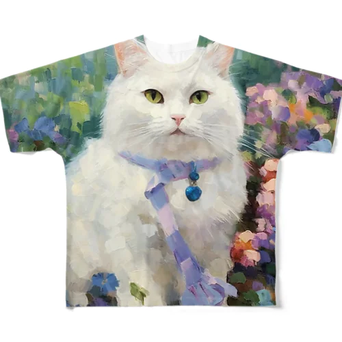 オシャレな白猫とフラワーガーデン All-Over Print T-Shirt