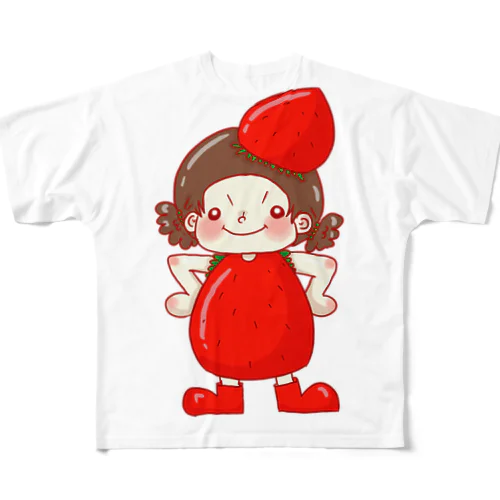 イチゴが好きすぎてイチゴになりたい女の子 フルグラフィックTシャツ