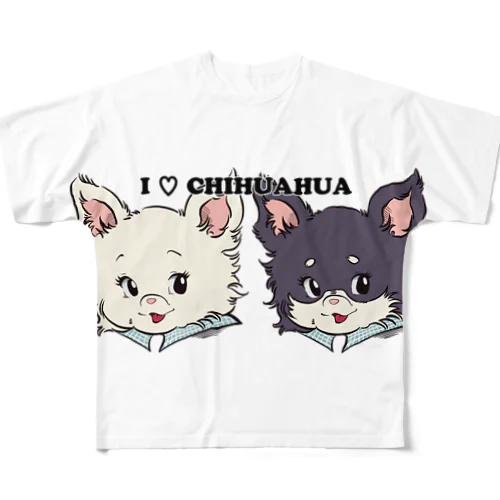 チワワ-ホワイト・クリーム&ブラックタン「I♡CHIHUAHUA」 All-Over Print T-Shirt