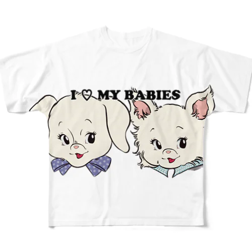 ダックスフンド×チワワ-ホワイト・クリーム「I♡ MY BABIES」 All-Over Print T-Shirt