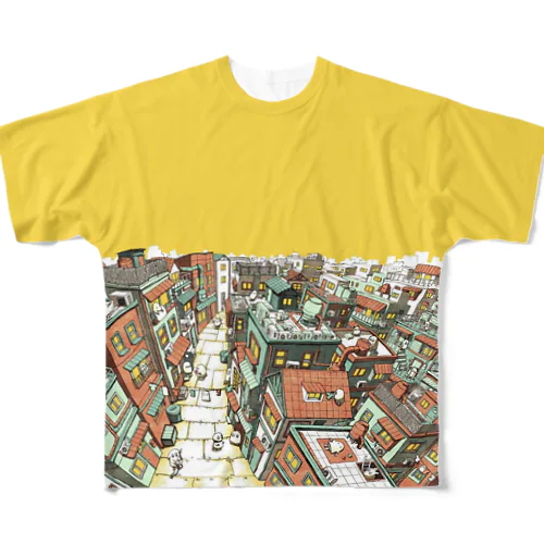 イエロー空の街並み フルグラフィックTシャツ