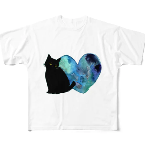 青いハートと黒猫ちゃん All-Over Print T-Shirt