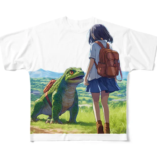 登校する少女とイグアナ フルグラフィックTシャツ
