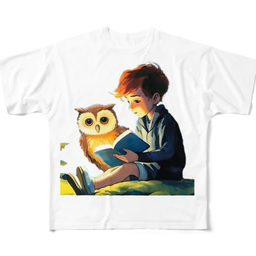 フクロウと学ぶ少年 フルグラフィックTシャツ