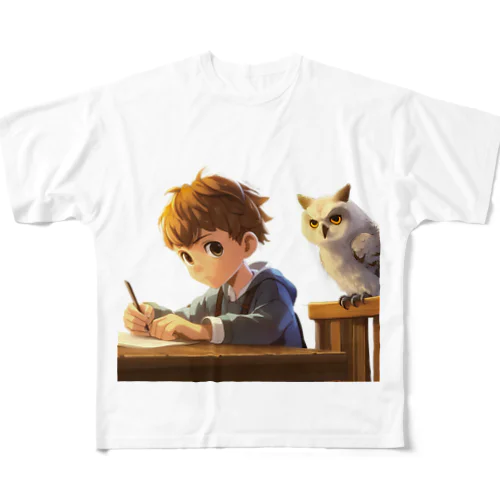 少年の宿題とフクロウ先生 All-Over Print T-Shirt