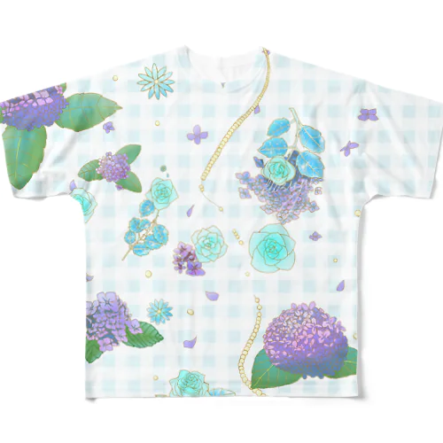 青薔薇と紫陽花のギンガムチェックT フルグラフィックTシャツ