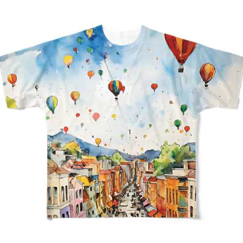 風船が飛び回る村の風景、 フルグラフィックTシャツ