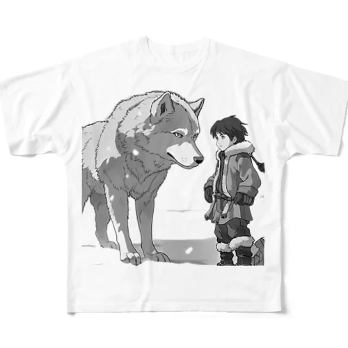 雪原の少年とオオカミ フルグラフィックTシャツ