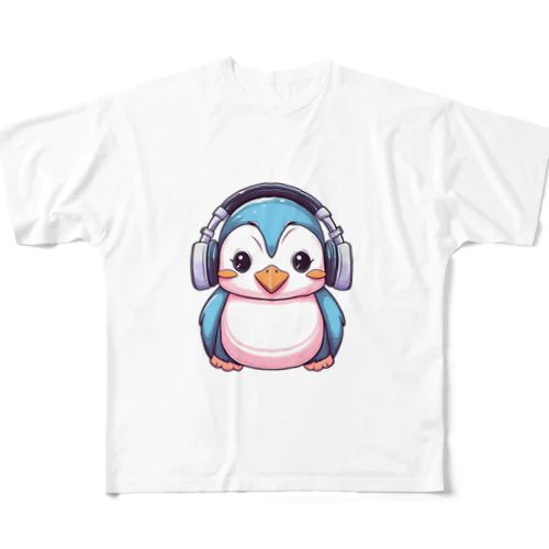 ヘッドホンを付けているペンギン フルグラフィックTシャツ