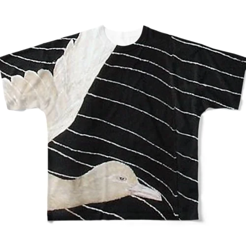 黒と白　水鳥の柄 フルグラフィックTシャツ