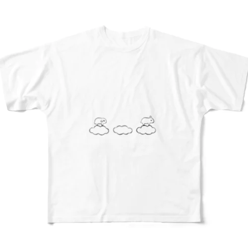 雲に乗って空を飛ぶうさぎさんたち フルグラフィックTシャツ