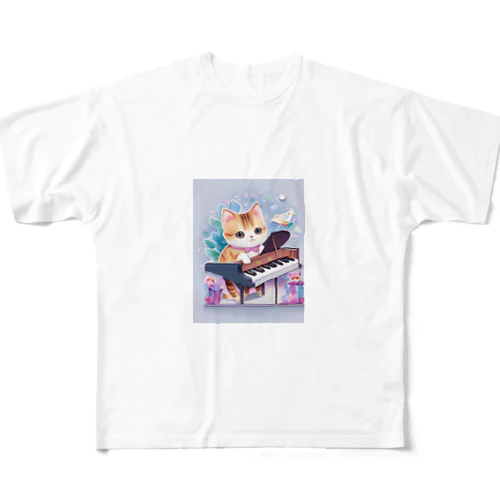 愛くるしい猫ちゃん＆ピアノ フルグラフィックTシャツ