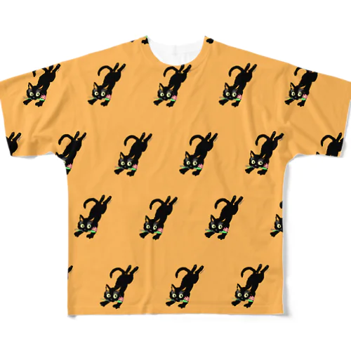 黒猫チョコちゃん大脱走－オレンジ フルグラフィックTシャツ