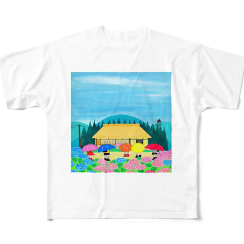 アートとメルヘンと創作の森　ノスタルジック絵画　秋野あかね作「梅雨に咲く花」 All-Over Print T-Shirt