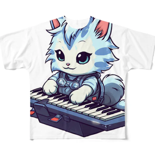 可愛いネコちゃんとキーボード フルグラフィックTシャツ
