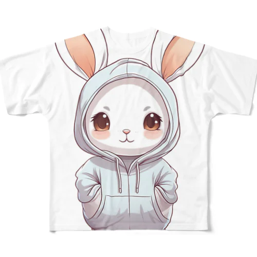 パーカーを着ているうさぎちゃん フルグラフィックTシャツ