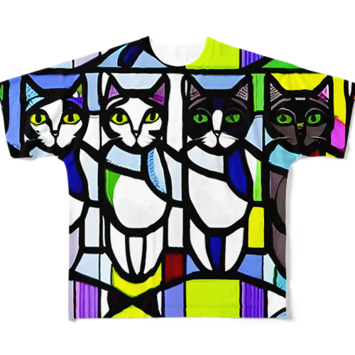 4匹の猫A　ステンドグラス風 All-Over Print T-Shirt