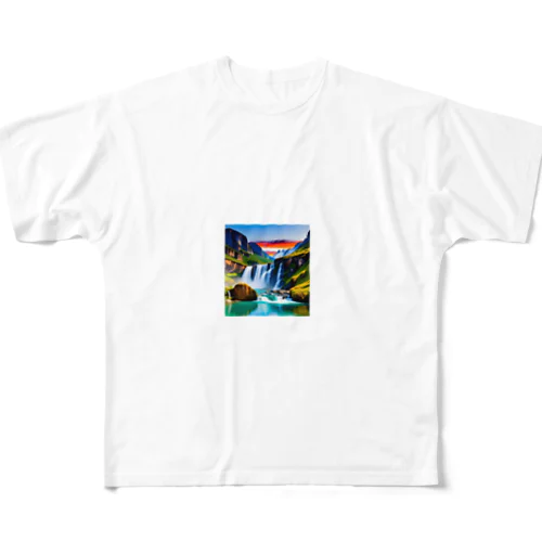 夜明けの滝と山々の美しい自然風景 All-Over Print T-Shirt