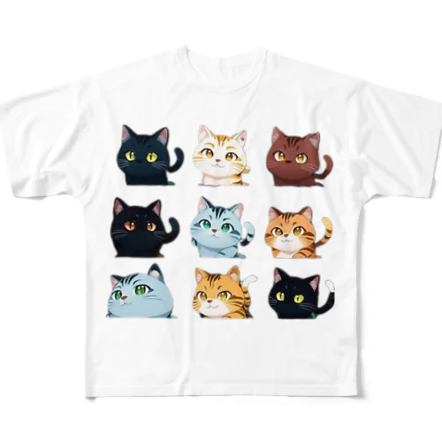 9匹の猫 フルグラフィックTシャツ