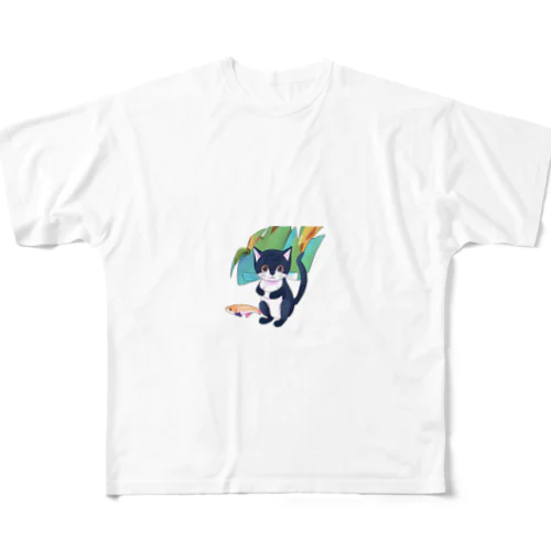 魚を捕えた子猫 All-Over Print T-Shirt